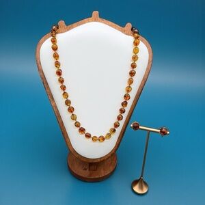 MCM Ciner Amber Glass Hand Knotted Necklace 24” Clip Earrings Set Signed READ